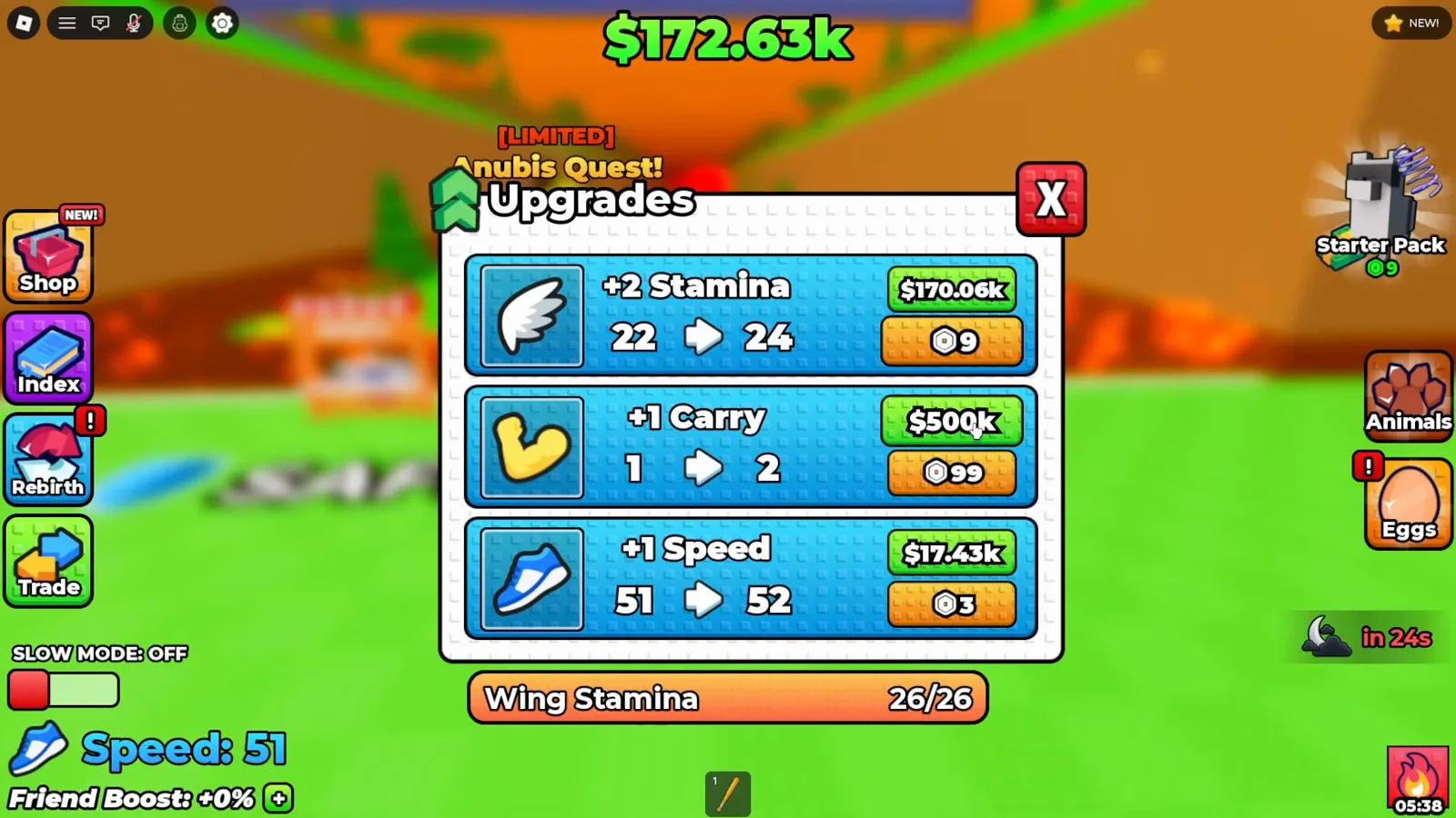 Panel Upgrades de +1 Wings For Eggs a mitad de partida donde un solo punto de velocidad cuesta $17.43k en el nivel 51 mientras la ficha de Robux sigue marcando 3