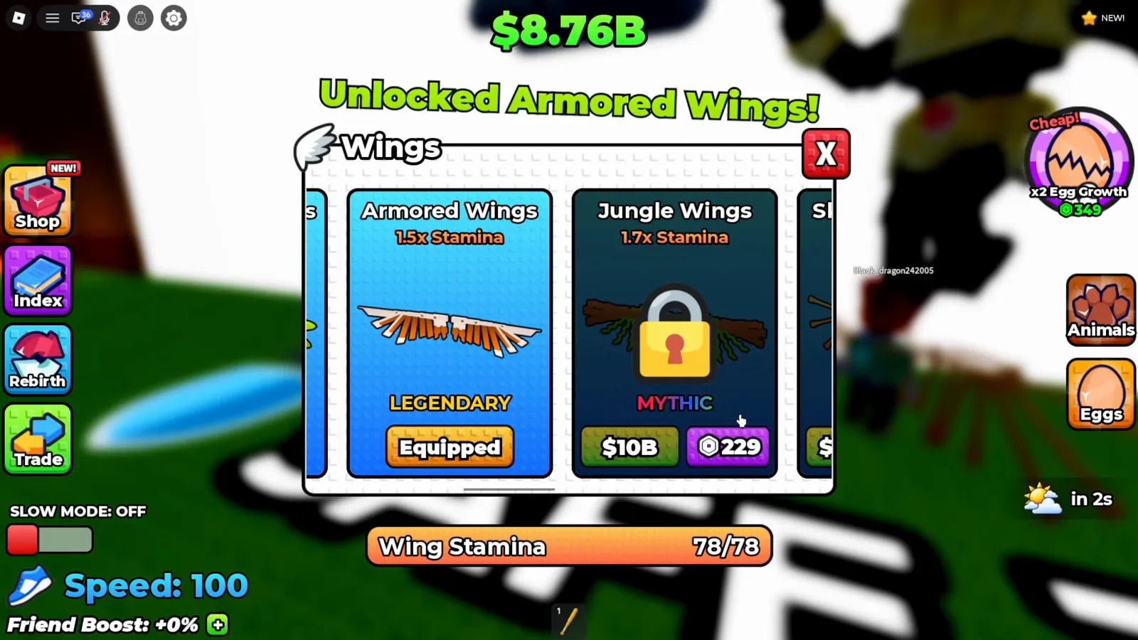 Tienda de alas en +1 Wings For Eggs con Armored Wings 1.5x Stamina y Jungle Wings 1.7x Stamina mientras la velocidad del HUD sigue en 100