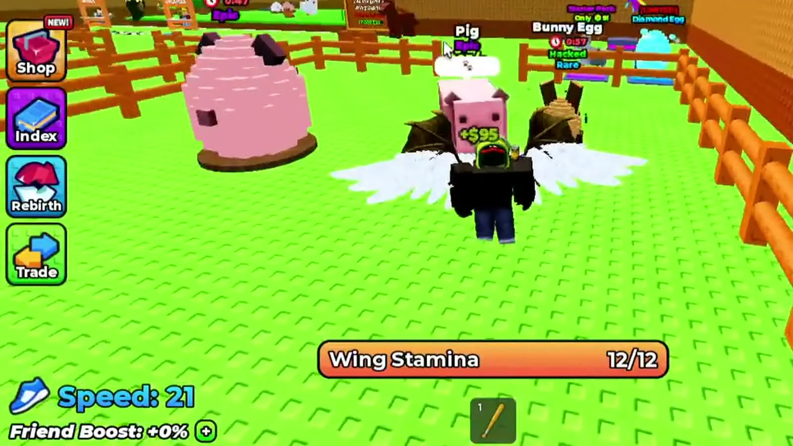 Bunny and pig eggs placed on the base plot with wing stamina refilled to 12 of 12 before the next steal run