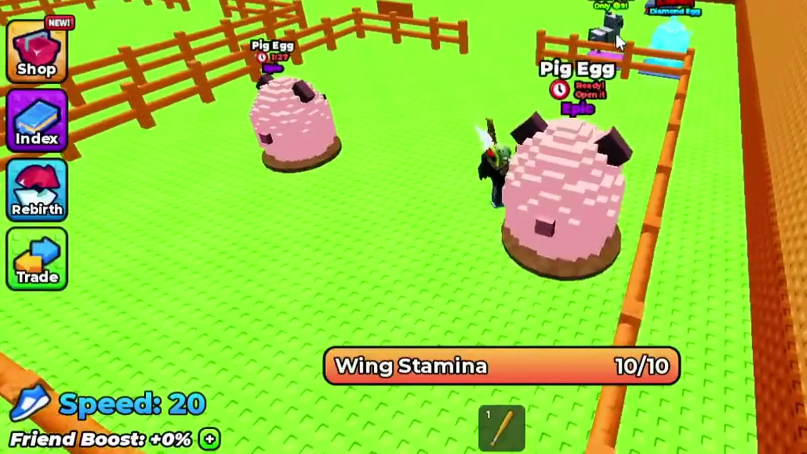 Player waiting in the safe-zone pen beside a pig egg with the wing stamina bar full at 10 of 10 before the next steal run