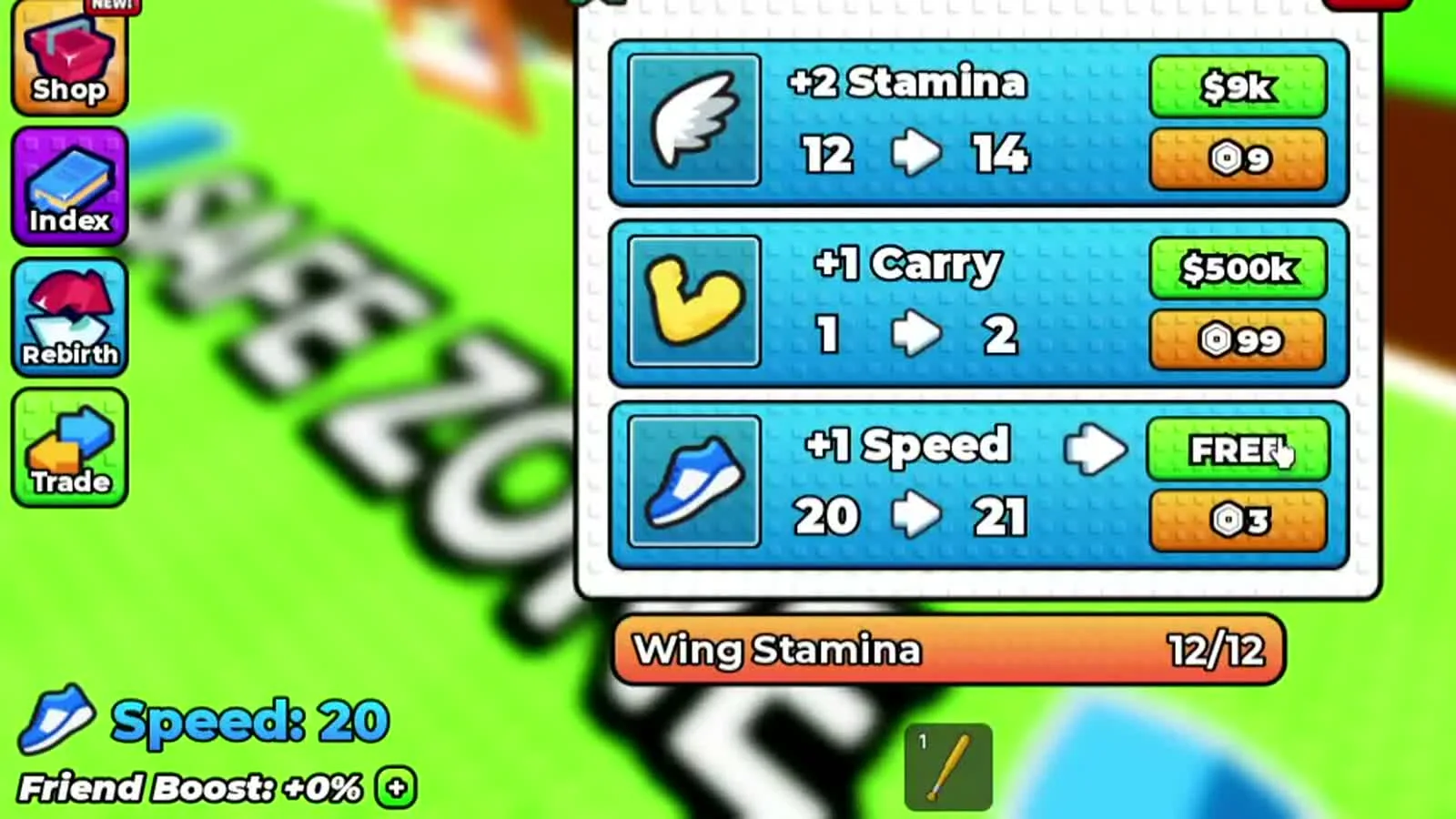 Upgrades stand panel listing plus two stamina for $9k, plus one carry for $500k and a free plus one speed upgrade