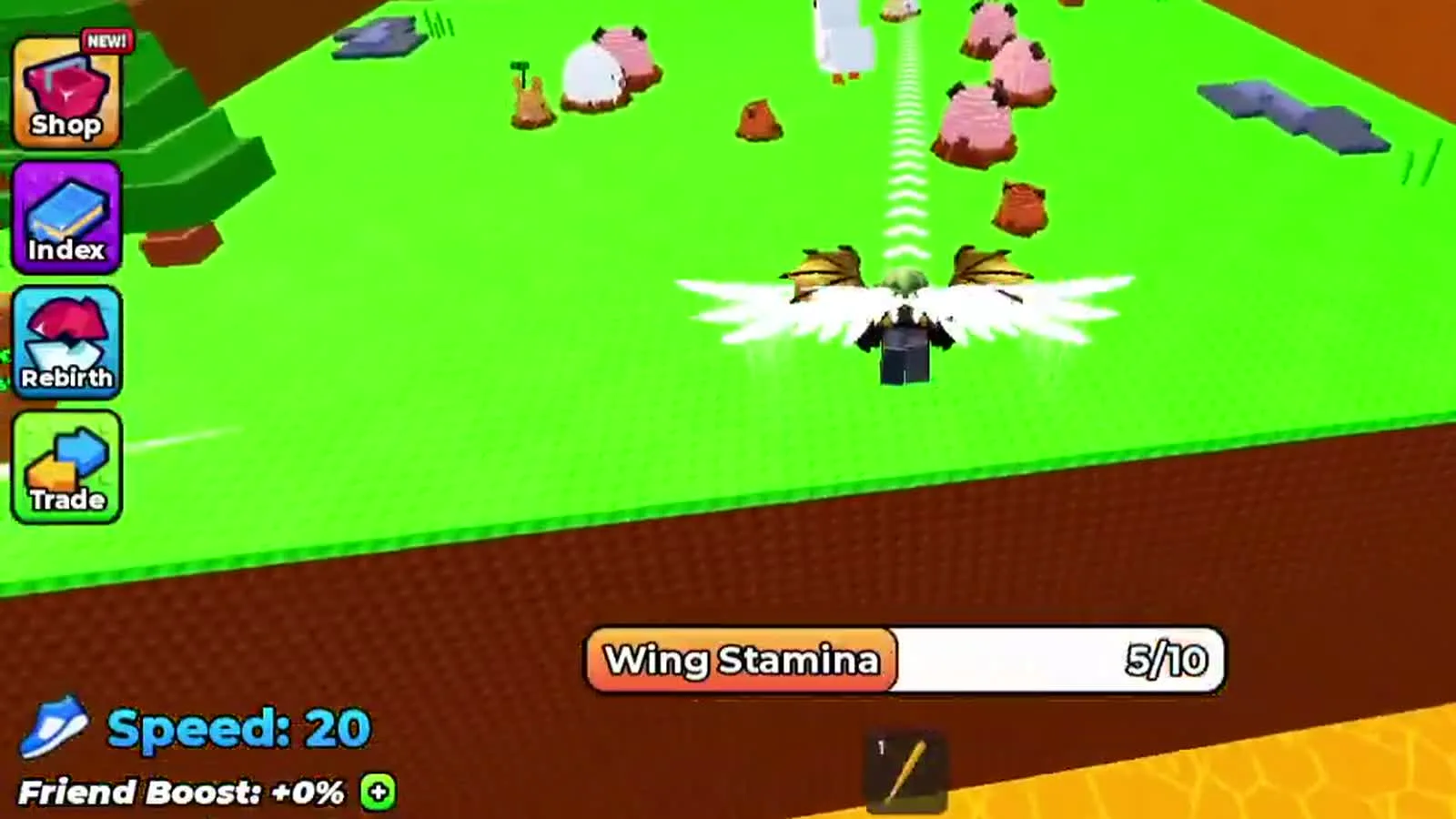 Wing Stamina bar at 5 of 10 while the player glides between island platforms on an egg-stealing run