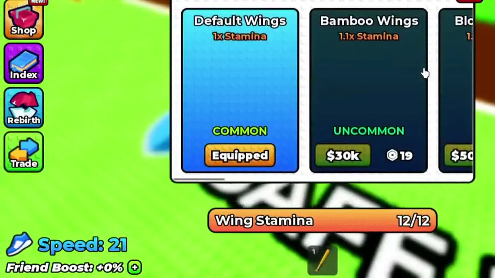 Wings shop panel showing Default Wings at 1.0x stamina equipped and Bamboo Wings at 1.1x stamina for $30,000