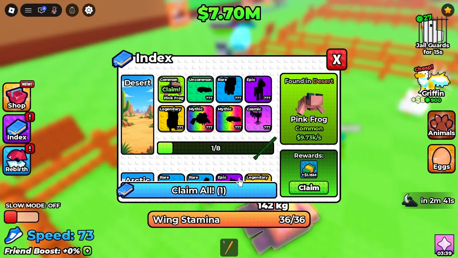 El Index de Desert en +1 Wings For Eggs muestra Pink Frog con $9.73k por segundo y un premio separado de $1.16M.