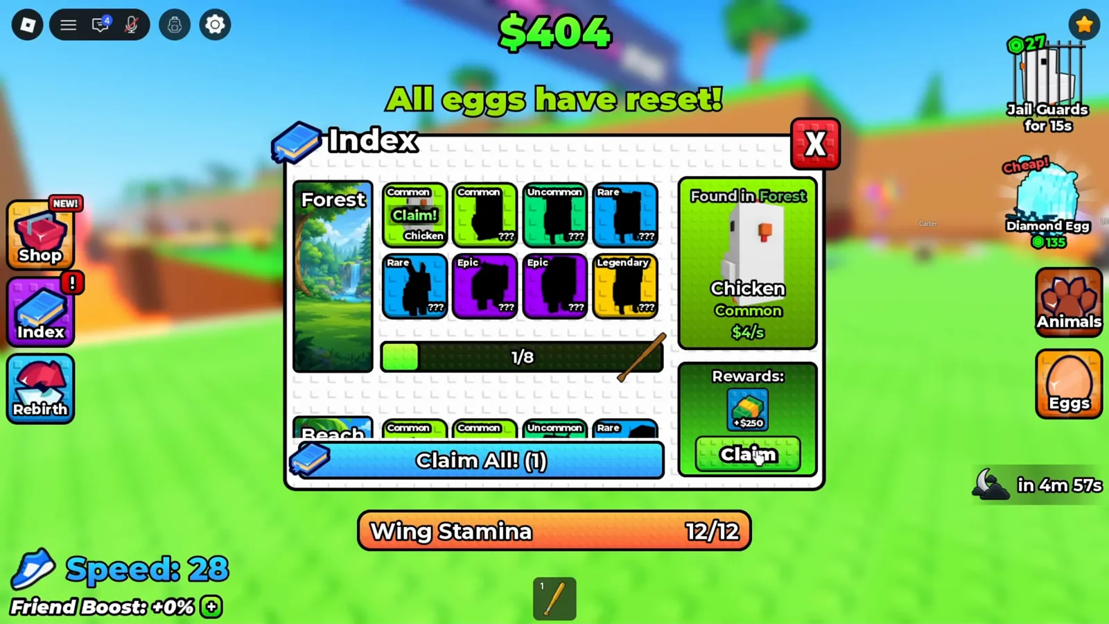 El Index de Forest en +1 Wings For Eggs muestra Chicken, progreso 1/8, premio de $250 y Claim junto a Claim All (1).