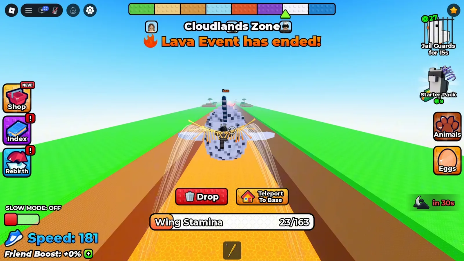 In +1 Wings For Eggs steht Lava Event has ended!, während der Spieler ein Ei trägt und Drop und Teleport To Base sichtbar sind.