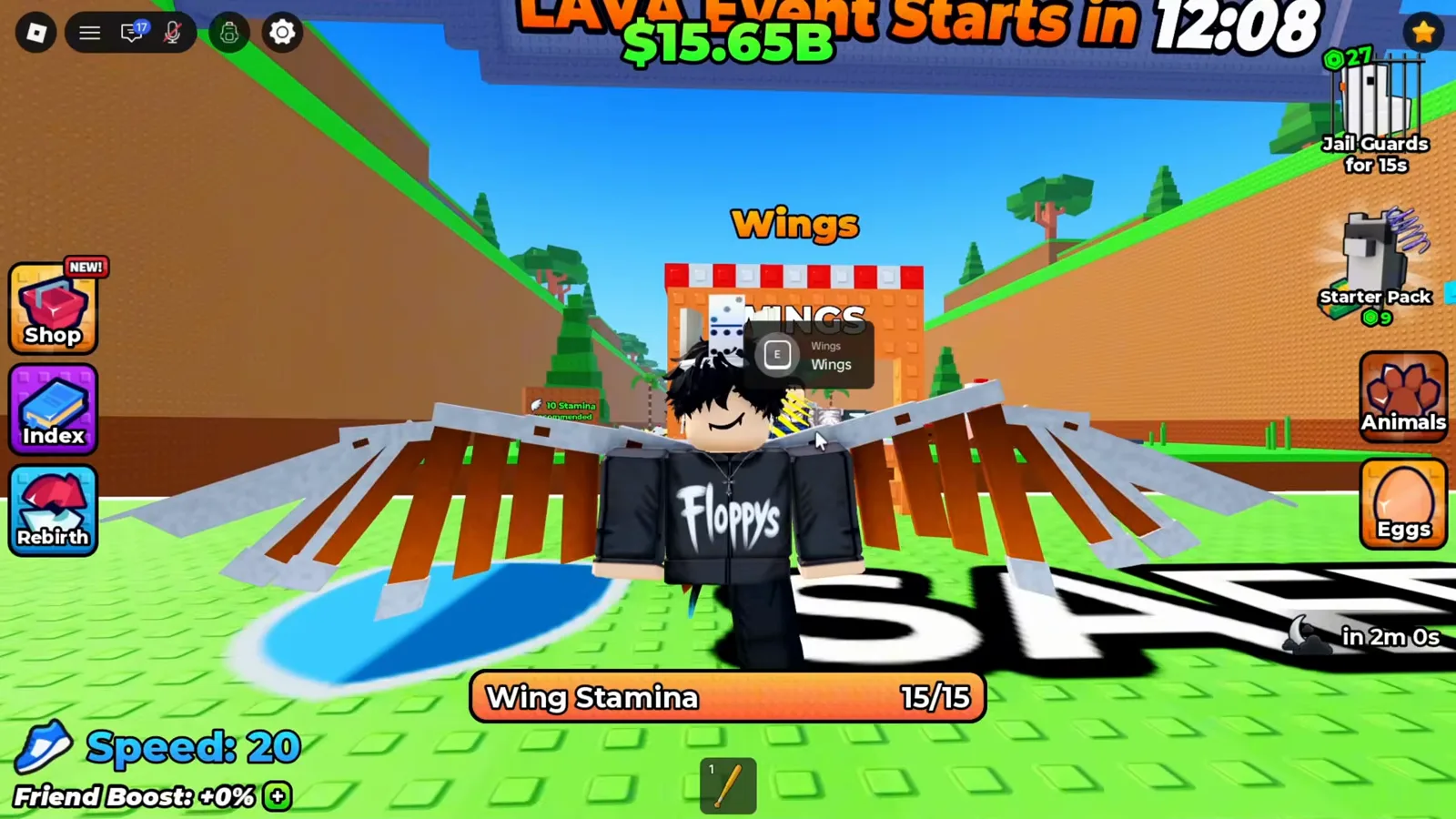 Das obere Banner von +1 Wings For Eggs zeigt LAVA EVENT Starts in 12:08 über dem Wings-Stand.