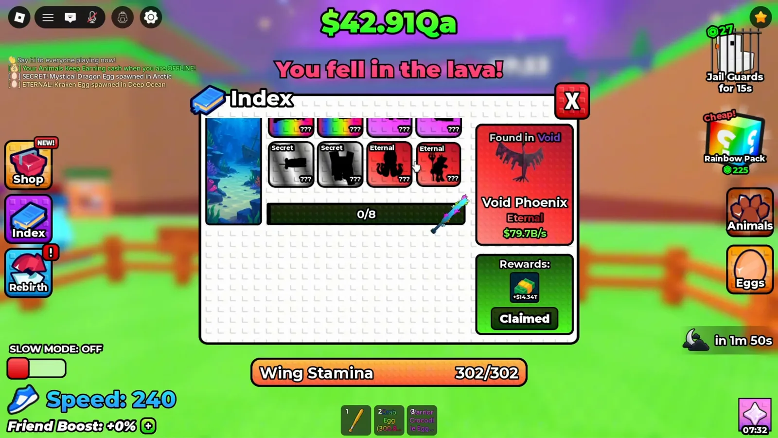 「+1 卵の翼」の図鑑カード。ヴォイドフェニックスがFound in Void・エターナル・毎秒$742.71Mと表示