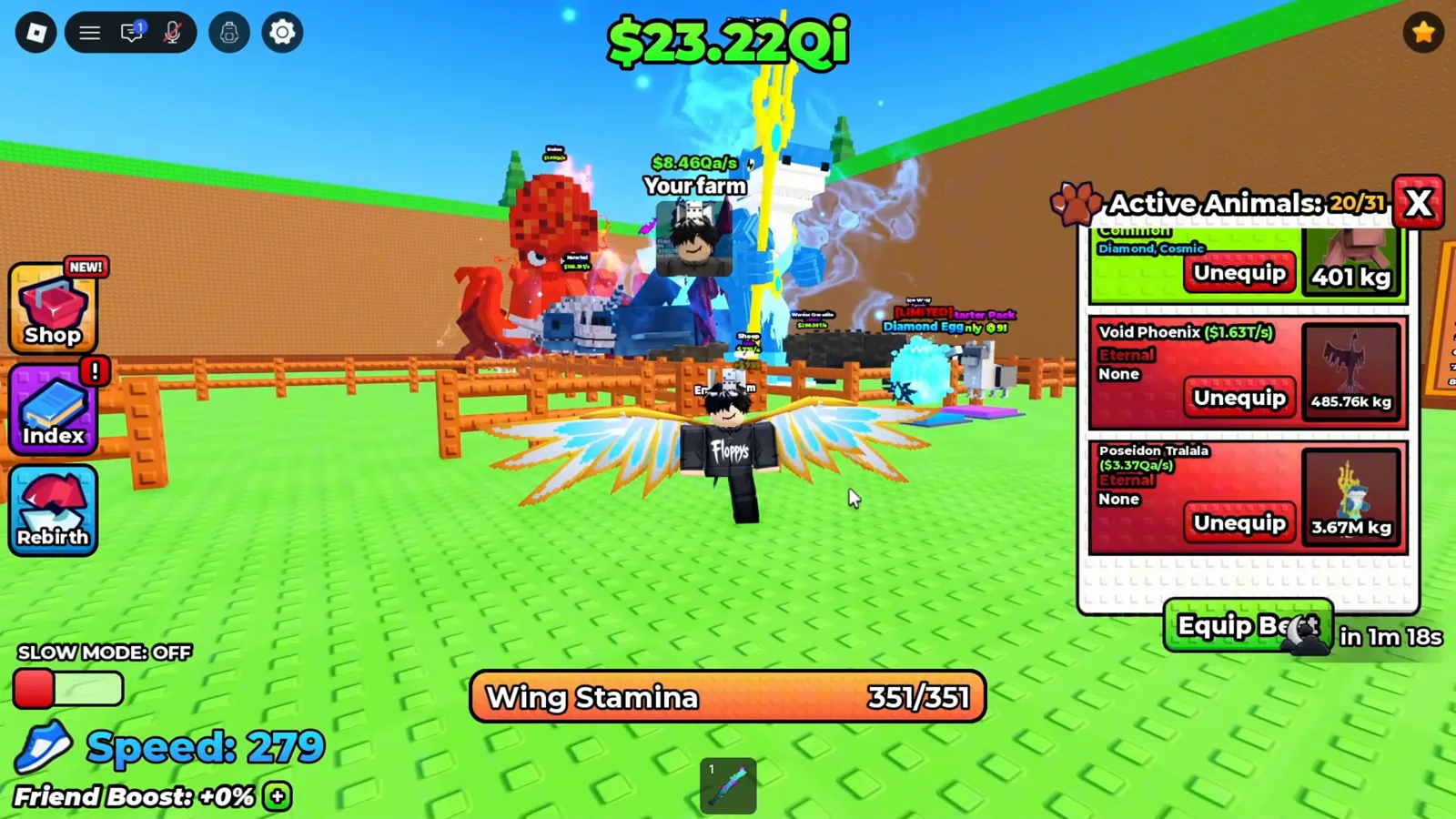 +1 卵の翼の Active Animals 20/31 パネル。エターナルのヴォイドフェニックスが毎秒1.63兆、ポセイドン・トラララが毎秒3370兆と表示されている