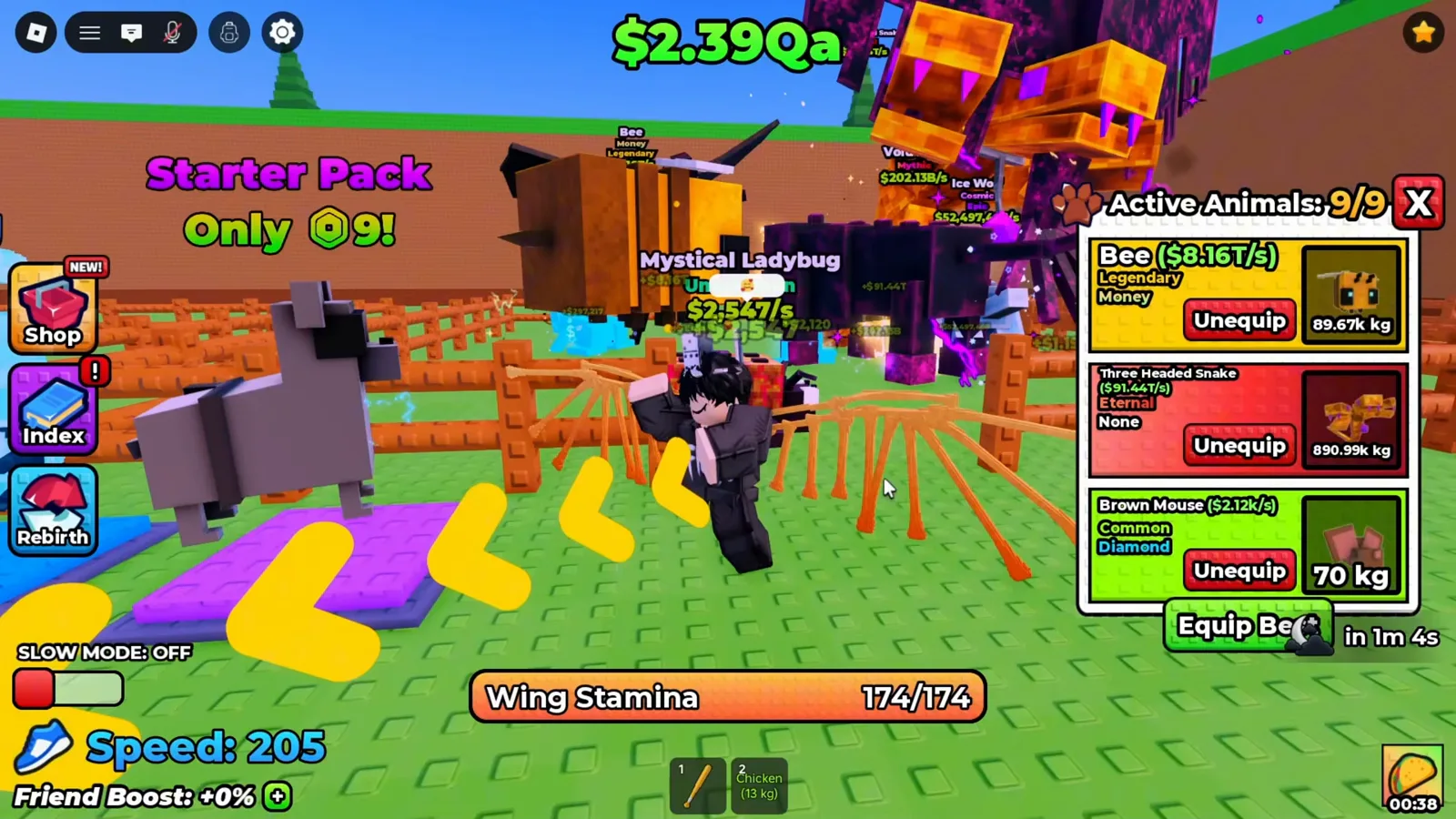 +1 卵の翼の Active Animals 9/9 パネル。ビーが毎秒8兆1600億、エターナルのスリーヘッドスネークが毎秒91兆4400億、ダイヤのブラウンマウスが並んでいる