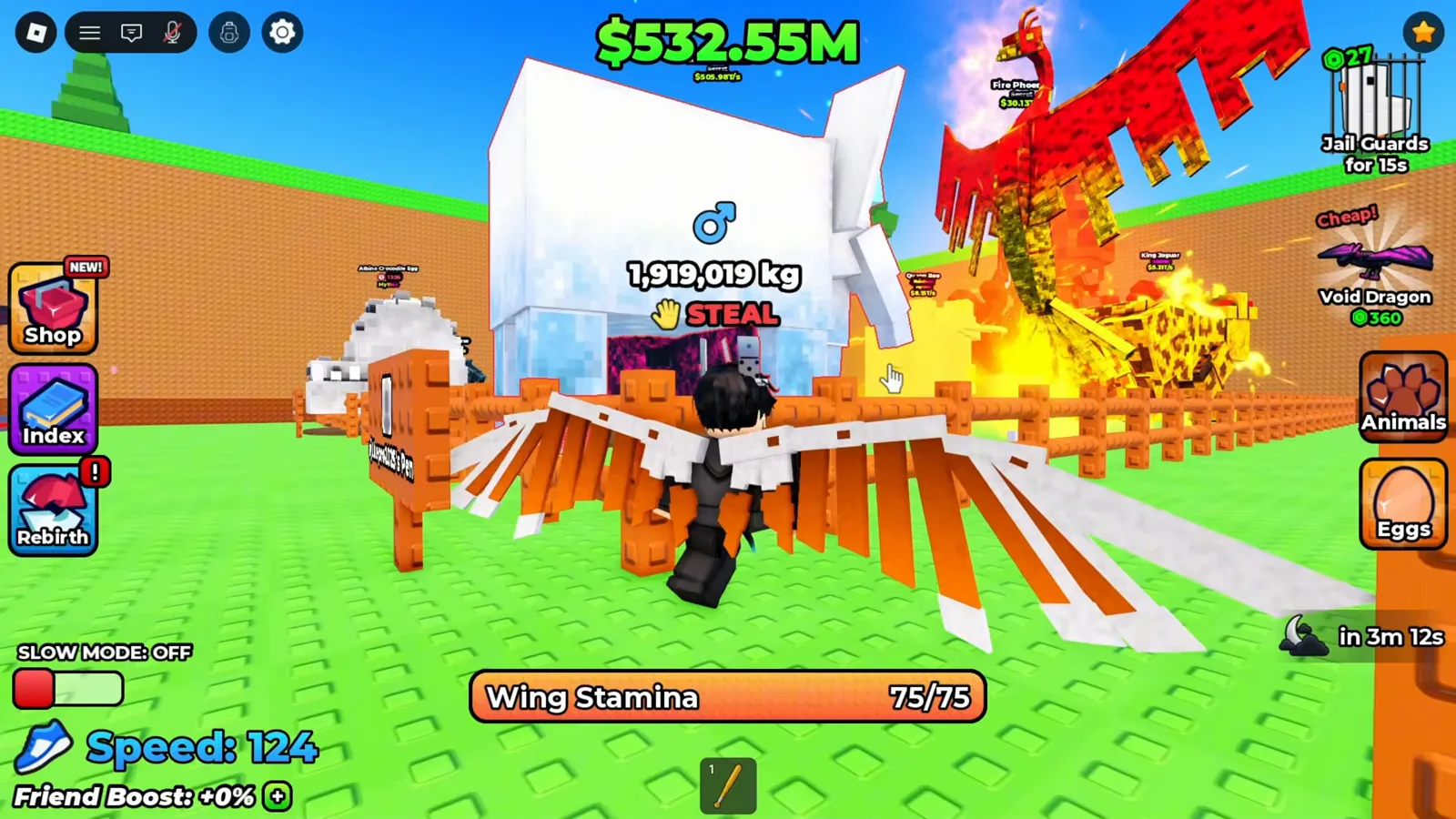 +1 卵の翼の火山ゾーンの巣から 1,919,019 kg の卵を STEAL しようとしている場面。柵の横にファイアフェニックスがいる