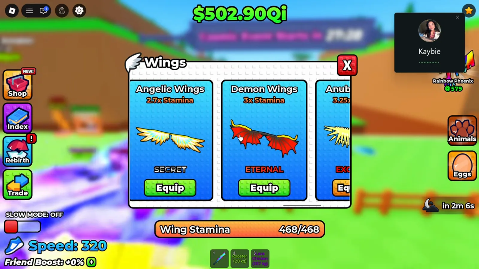 Wings shop in +1 Wings For Eggs scrolled to Angelic Wings at 2.7x Stamina tagged SECRET, Demon Wings at 3x Stamina tagged ETERNAL and the start of the Anubis Wings card