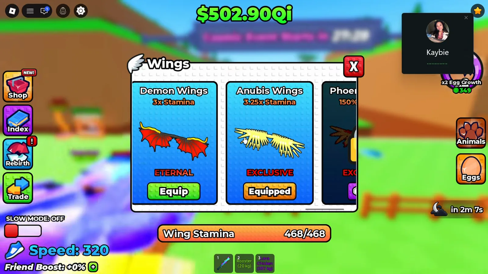 Wings shop in +1 Wings For Eggs showing the Demon Wings ETERNAL card, the Equipped Anubis Wings card and the edge of the Phoenix Wings card at the end of the scroll