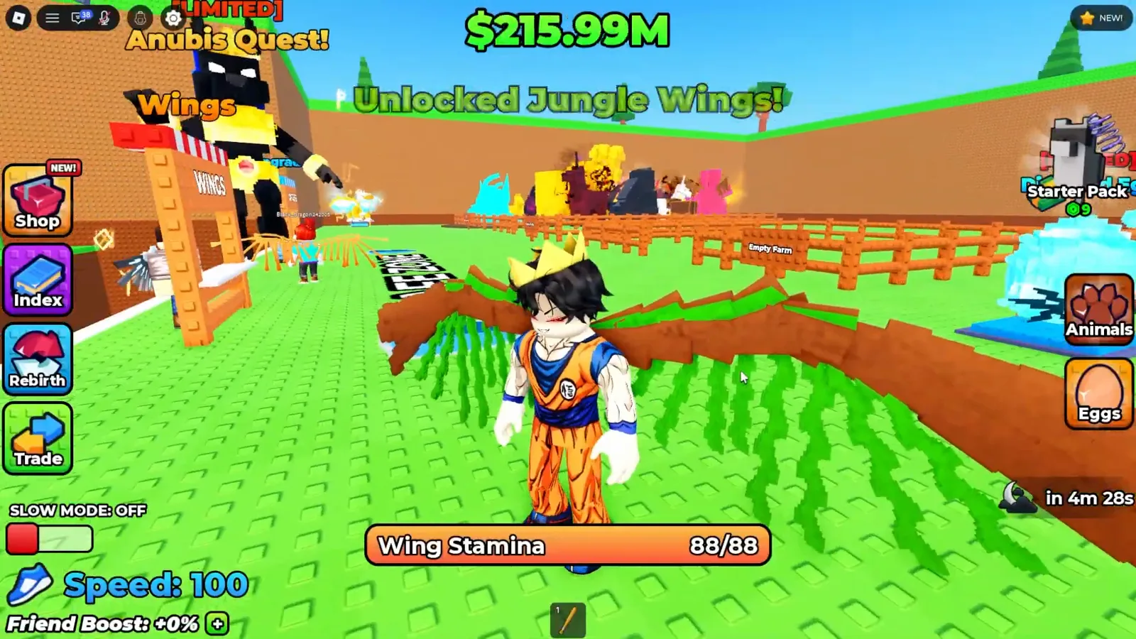 Player standing at the WINGS stand in +1 Wings For Eggs wearing the freshly unlocked Jungle Wings while the Wing Stamina bar under the HUD reads 88 of 88