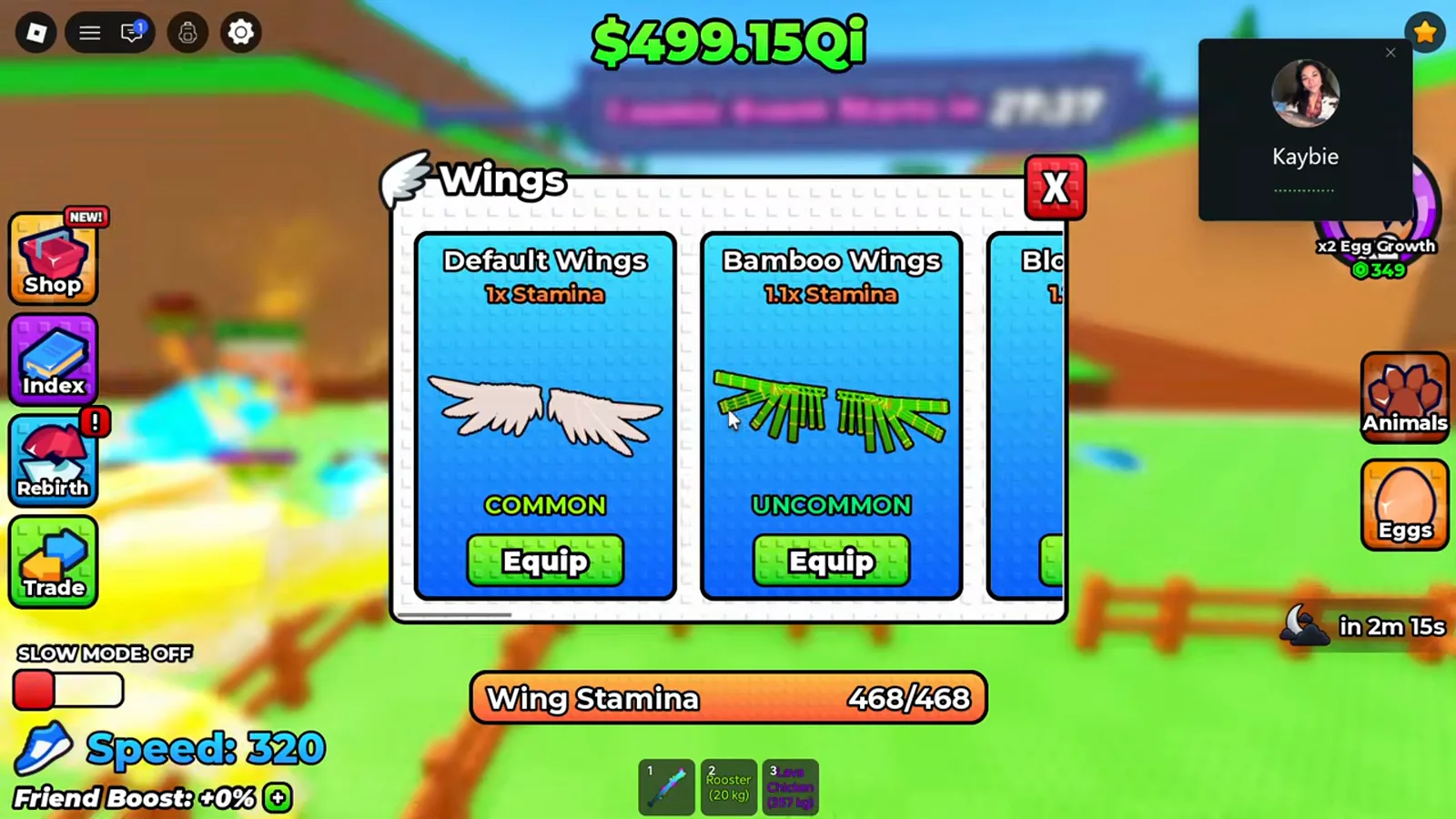 Wings shop in +1 Wings For Eggs opened at its first two cards, Default Wings at 1x Stamina tagged COMMON and Bamboo Wings at 1.1x Stamina tagged UNCOMMON