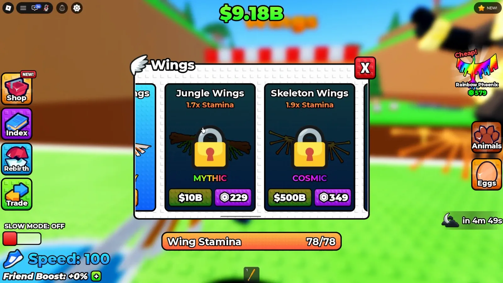 Wings shop in +1 Wings For Eggs listing Jungle Wings at 1.7x Stamina and Skeleton Wings at 1.9x Stamina with both cards padlocked and each one showing an in-game cash price beside a Robux chip