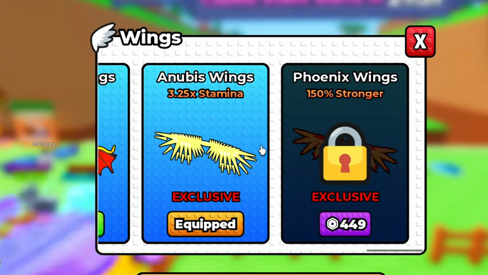 Wings shop panel in +1 Wings For Eggs showing the Phoenix Wings card at 150% Stronger locked behind a padlock with a 449 Robux chip beside the Equipped Anubis Wings card