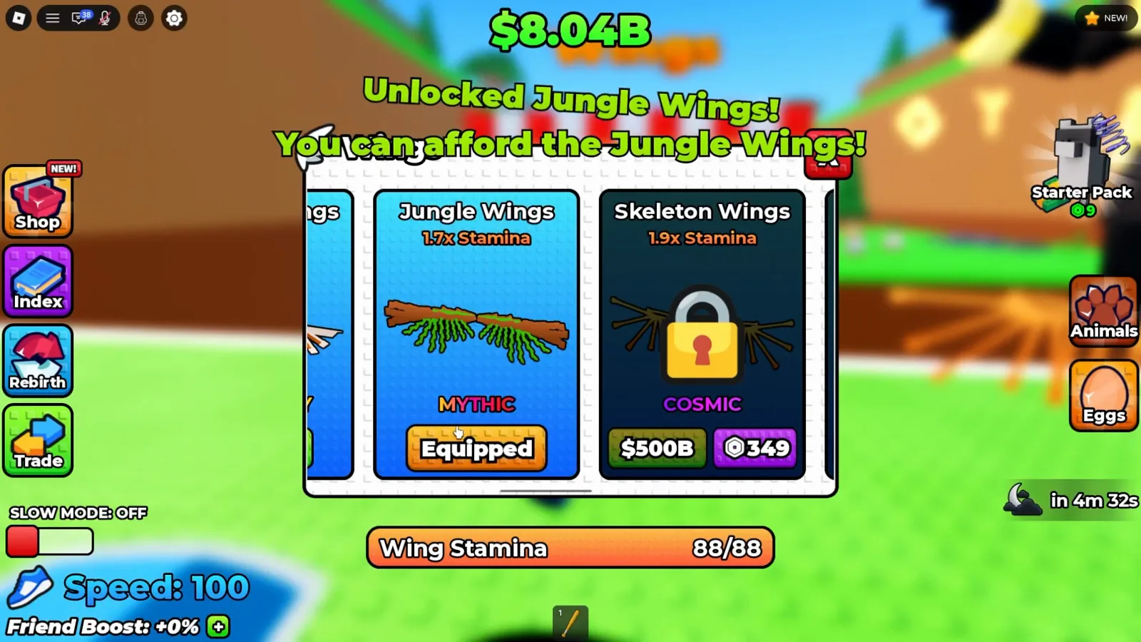 Wings shop in +1 Wings For Eggs with the Unlocked Jungle Wings and You can afford the Jungle Wings toasts up while the Jungle Wings card has switched to Equipped and the Skeleton Wings card beside it is still padlocked