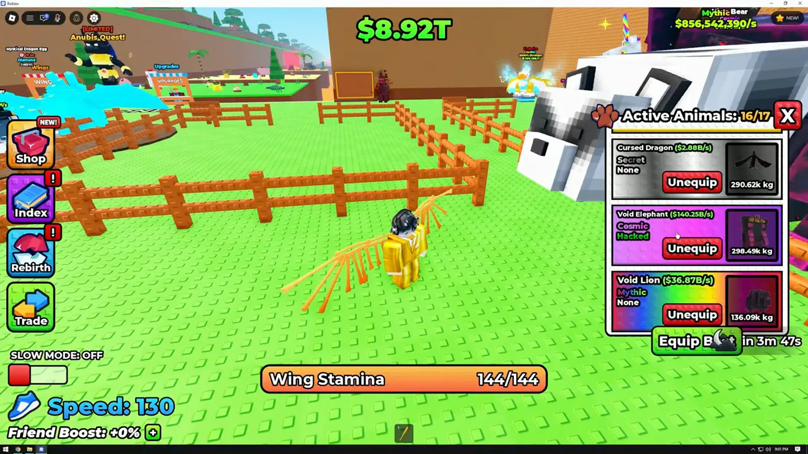 Panel Active Animals en +1 Wings For Eggs con un Cursed Dragon y un Void Elephant, sus etiquetas de rareza y su dinero por segundo