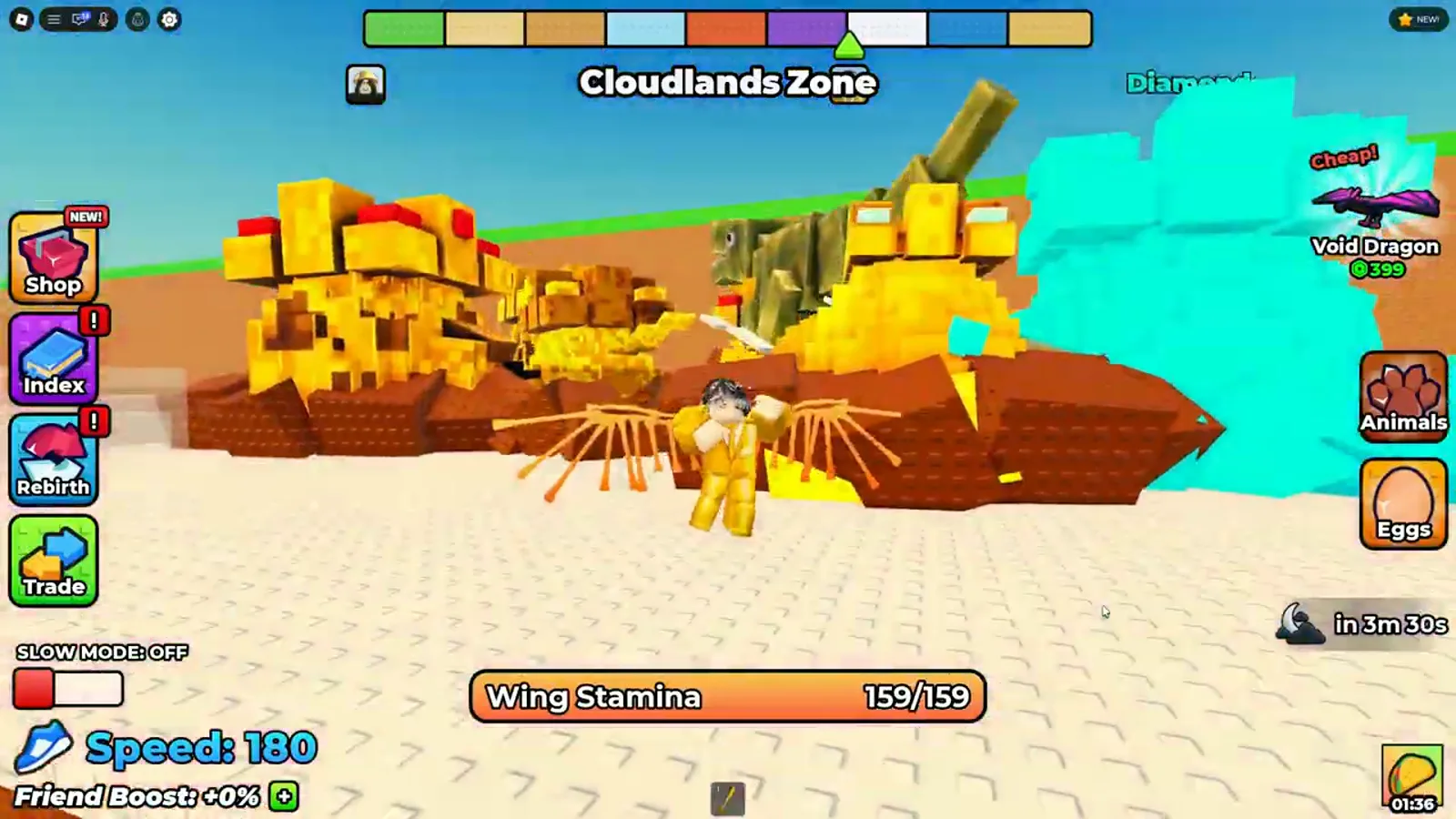 Nido del Cloudlands Zone en +1 Wings For Eggs con un grupo de huevos gigantes detrás del defensor