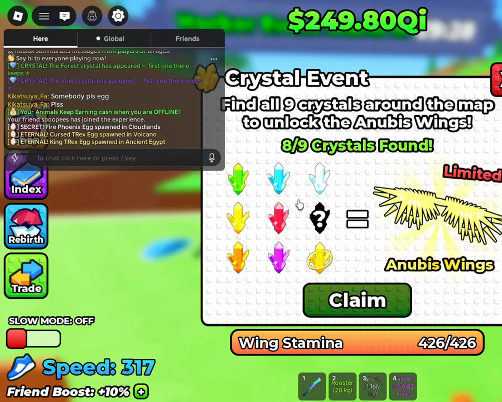 Panel del Crystal Event en +1 Wings For Eggs con nueve de nueve cristales encontrados y el reclamo de las Alas Anubis