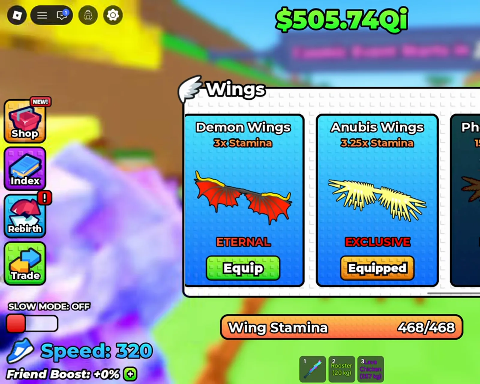 Panel de alas en +1 Wings For Eggs con Demon Wings a 3x y Anubis Wings a 3.25x de resistencia