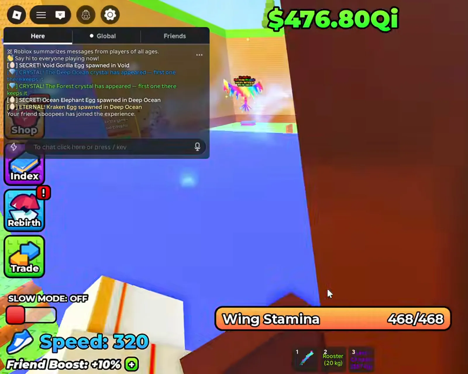Registro del chat global en +1 Wings For Eggs mostrando una aparición de huevo Eternal Kraken en el Deep Ocean