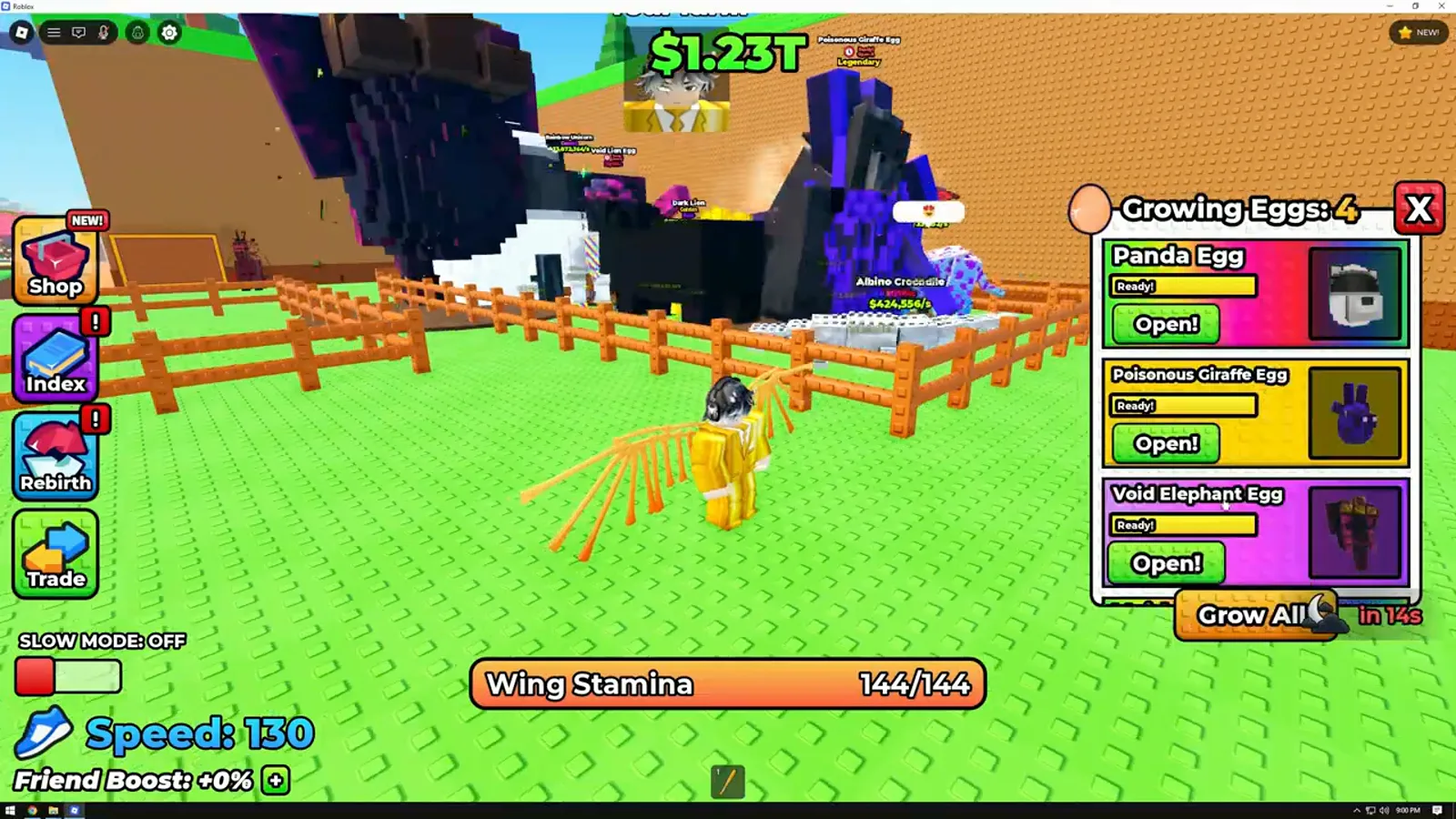 Panel del corral Growing Eggs en +1 Wings For Eggs con huevos de Panda, Poisonous Giraffe y Void Elephant listos para abrir