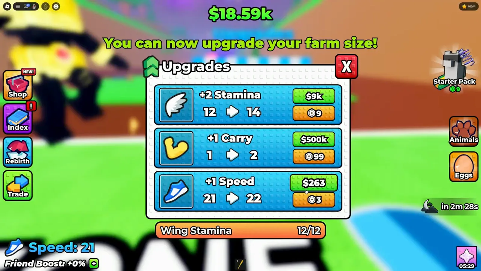 Puesto Upgrades en +1 Wings For Eggs con las filas de más dos de resistencia, más uno de carga y más uno de velocidad