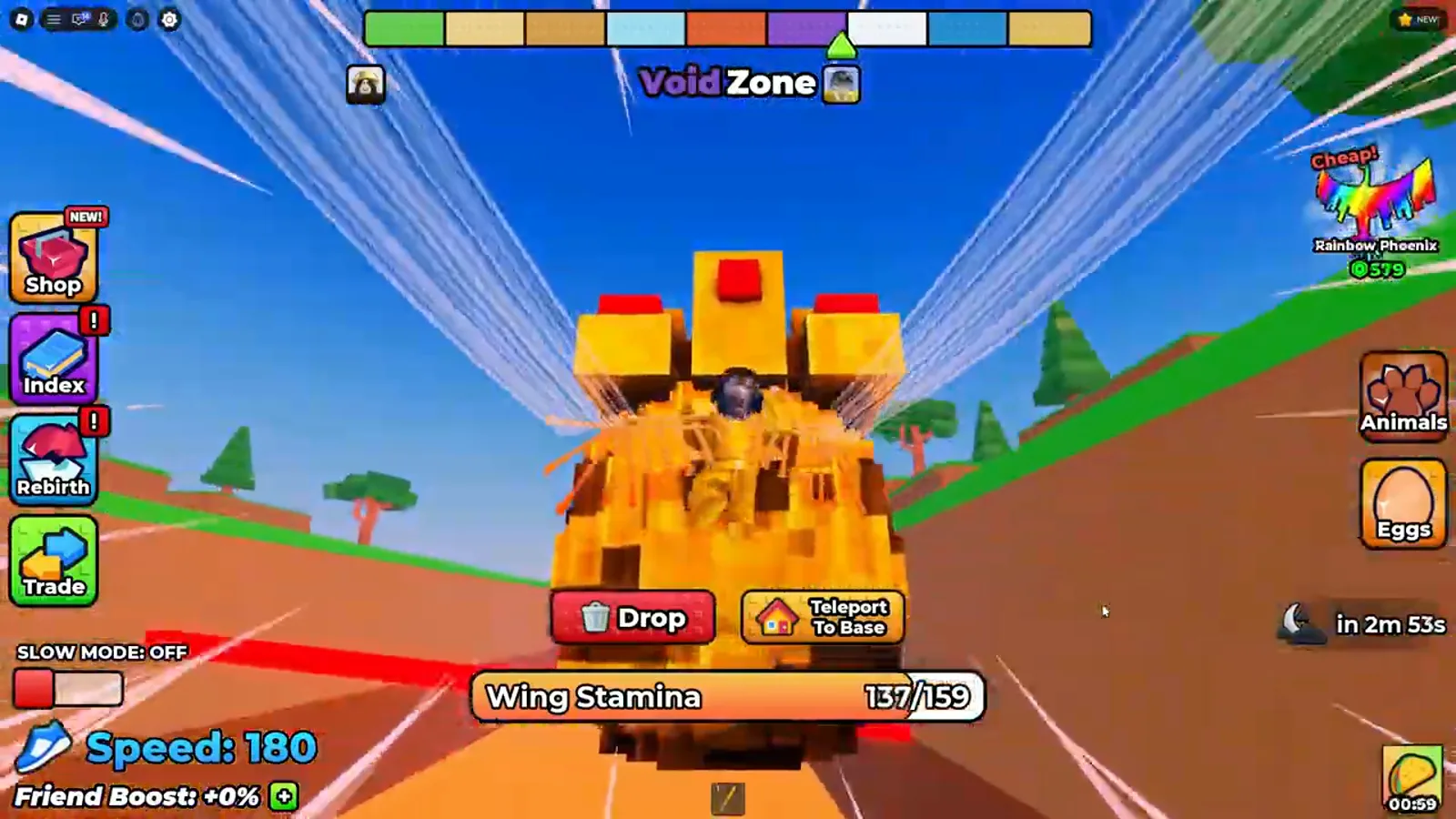 Cruce del Void Zone en +1 Wings For Eggs con la barra de resistencia de alas en 137 de 159 y velocidad 180