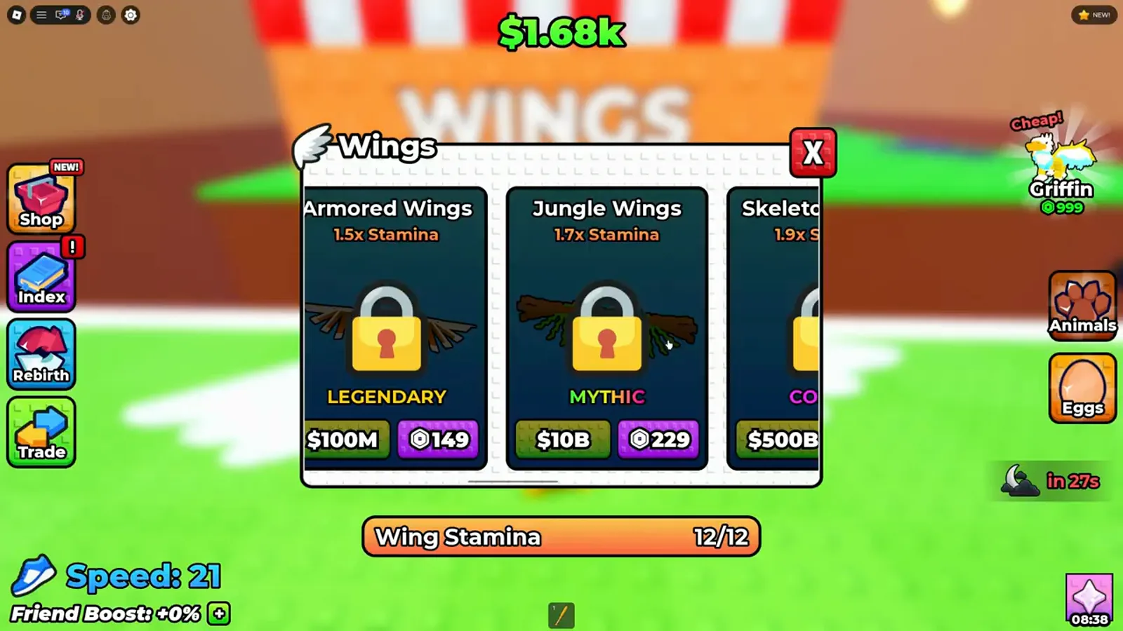 Panel de la tienda de alas en +1 Wings For Eggs con los multiplicadores de resistencia de Armored, Jungle y Skeleton y sus precios